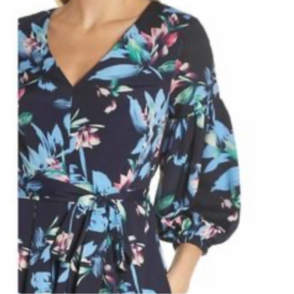 Eliza J Navy Floral Print V-Neck Balloon Sleeve Tie Waist Mini Dress Size 4